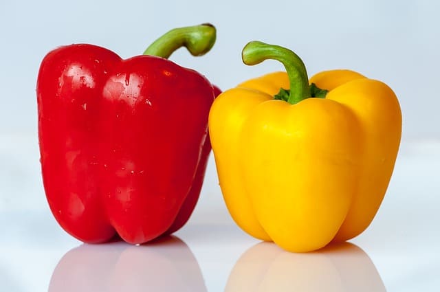 Red and yellow bell peppers side by side showing the color difference between ripe bell pepper varieties