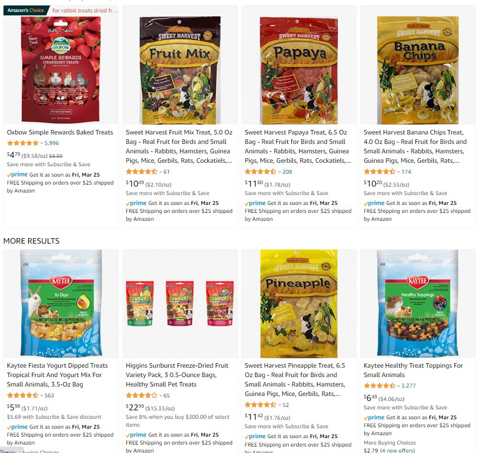 A photo of rabbit treats that are for sale on amazon. It shows that the average price for rabbit treats is 10usd